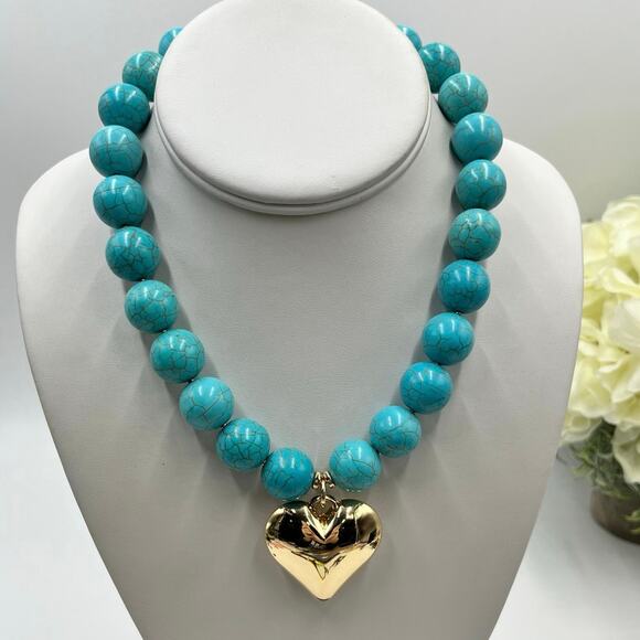 ETTIKA Chunky Beaded Turquoise 18k Gold Plated Heart Necklace New - Picture 1 of 13
